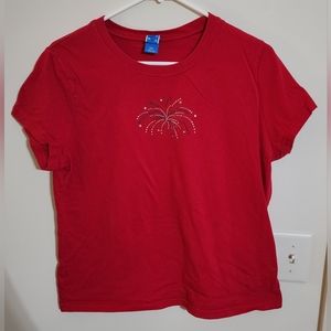 Red 4th of July T-shirt With Fireworks in Metal Studs Junior's Size XXL